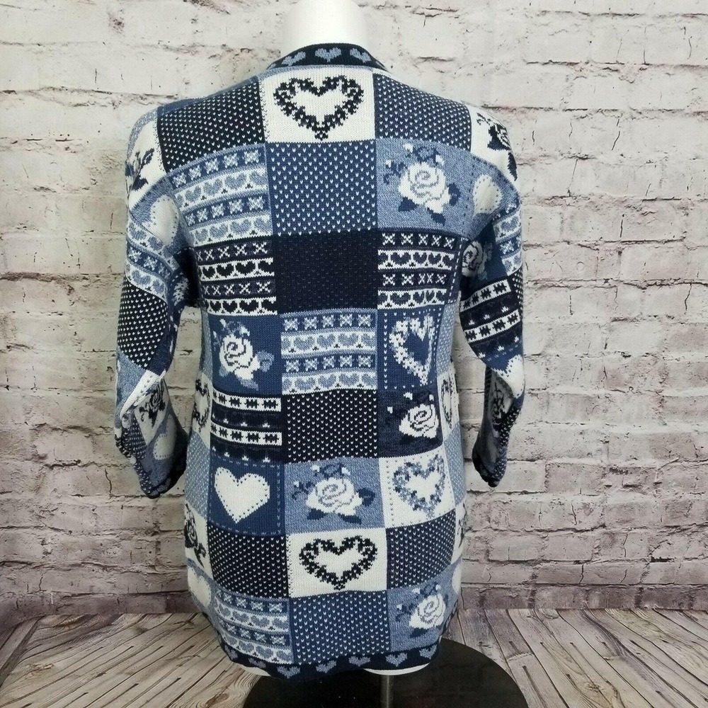 Vintage 90s Grace L Patchwork Sweater Hearts Roses Blue Knit Cottagecore Kitsch - Picture 5 of 9